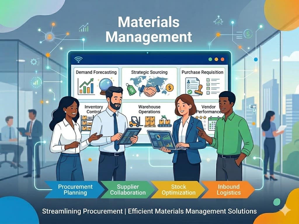 SAP MM Course in BTM Layout Bangalore 2026: Fees, Salary, Career & Why ERP Class is #1 A professional corporate infographic illustrating the core pillars of Materials Management, ideal for a course page detailing curriculum and sap mm course fees.