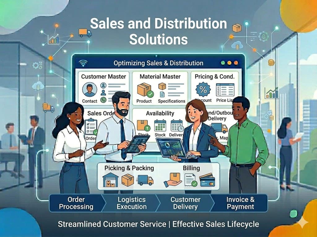 SAP SD Course in BTM Layout Bangalore 2026: Fees, Salary, Career & Why ERP Class is #1 This comprehensive image outlines the key modules of SAP Sales & Distribution (SD), which covers the entire order-to-cash process, and can be used on a webpage to provide details about the SAP SD course fees.
